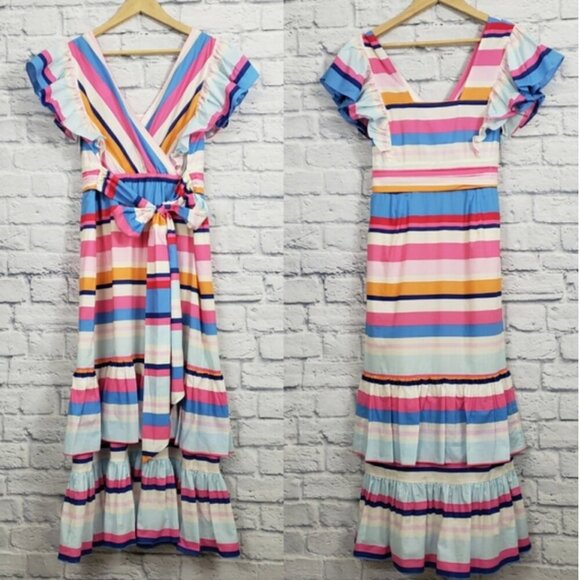 NWT Anthropologie Plenty by Tracy Reese Rainbow Ruffled Striped Maxi Dress Large - Picture 10 of 12